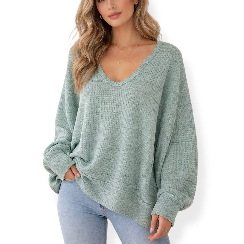 Free People Movement Pull Over Waffle Knit Teal Long Sleeve Lightweight Sweater